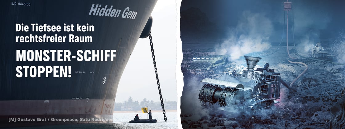 Rechts: Foto Greenpeace-Aktive protestieren gegen Monsterschiff; link: Animation mit Tiefseebergbaumaschine.